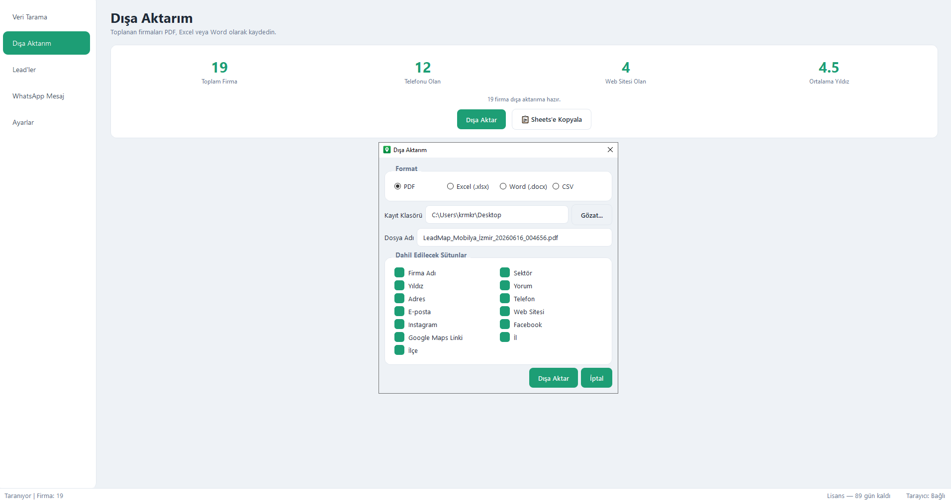 LeadMap — Dışa Aktarım ekranı