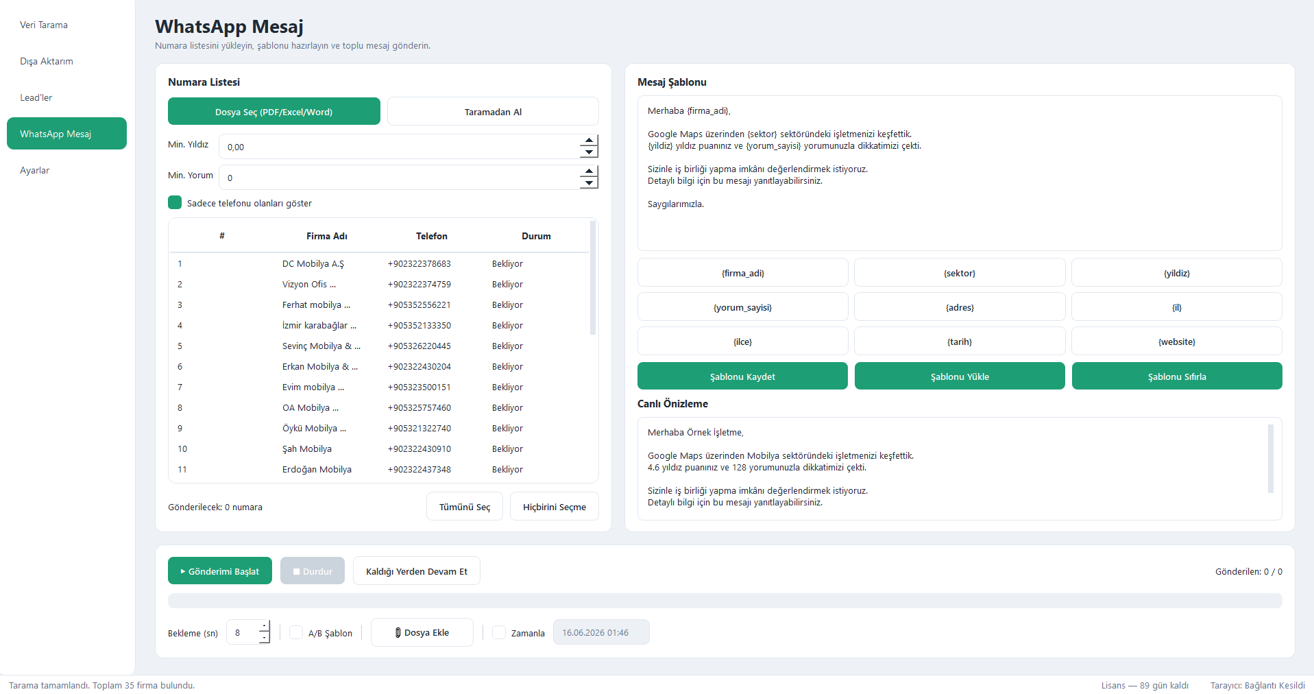 LeadMap — WhatsApp Mesaj ekranı
